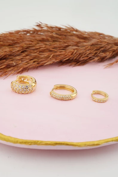 Kadın Kararmaz Altın Kaplama 3'lı Zirkon Set Küpe - Resim 4