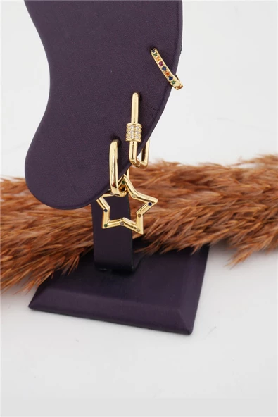 Kadın Kararmaz Altın Kaplama Yıldız Figürlü 3'lı Zirkon Set Küpe - Resim 3