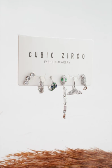 Kadın Kararmaz Altın Kaplama Yılan Detaylı 6'lı Zirkon Set Küpe - Resim 3