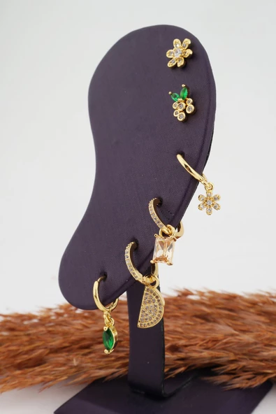 Kadın Kararmaz Altın Kaplama 6'lı Zirkon Set Küpe - Resim 2