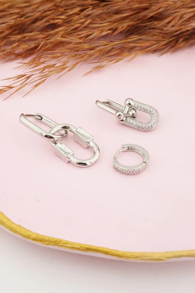 Kadın Kararmaz Altın Kaplama 3'lı Zirkon Set Küpe - Resim 2