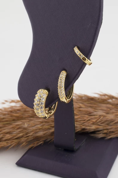 Kadın Kararmaz Altın Kaplama 3'lı Zirkon Set Küpe - Resim 3