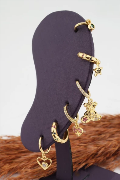 Kadın Kararmaz Altın Kaplama Ayıcık Detaylı 6'lı Zirkon Set Küpe - Resim 4