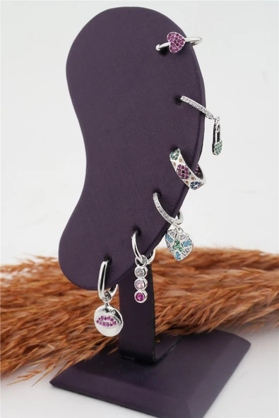 Kadın Kararmaz Altın Kaplama 6'lı Zirkon Set Küpe - Resim 2