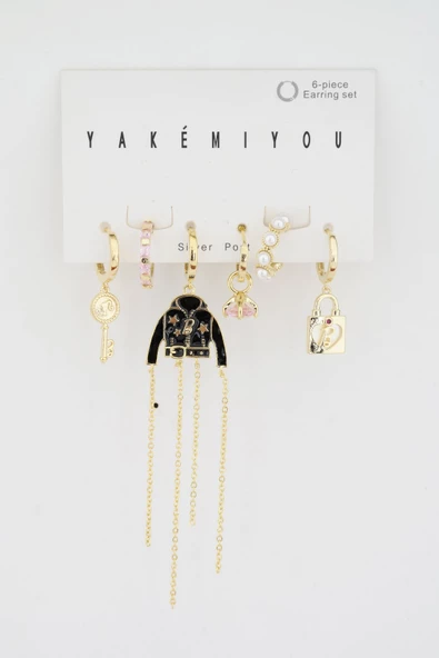 Kadın Kararmaz Altın Kaplama 6'lı Kombin Set Küpe - Resim 2