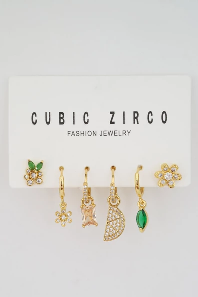 Kadın Kararmaz Altın Kaplama 6'lı Zirkon Set Küpe ürün görseli