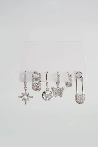 Kadın Kararmaz Altın Kaplama Çengel İğne Detaylı 6'lı Zirkon Set Küpe ürün görseli