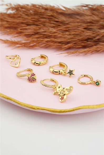 Kadın Kararmaz Altın Kaplama Ayıcık Detaylı 6'lı Zirkon Set Küpe - Resim 5