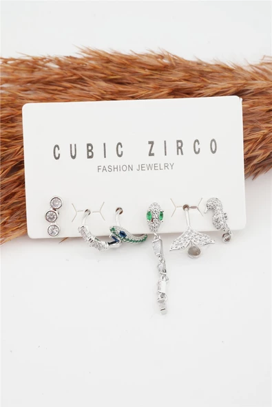 Kadın Kararmaz Altın Kaplama Yılan Detaylı 6'lı Zirkon Set Küpe - Resim 4