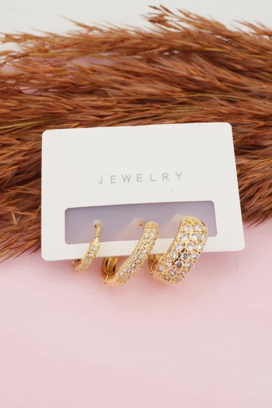 Kadın Kararmaz Altın Kaplama 3'lı Zirkon Set Küpe ürün görseli