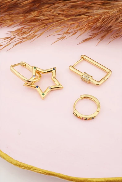 Kadın Kararmaz Altın Kaplama Yıldız Figürlü 3'lı Zirkon Set Küpe - Resim 4