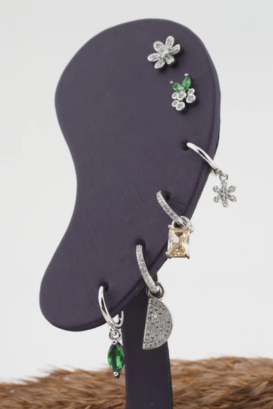 Kadın Kararmaz Altın Kaplama 6'lı Zirkon Set Küpe - Resim 2