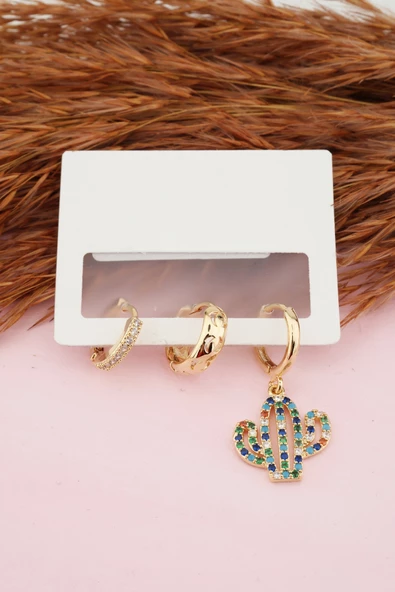 Kadın Kararmaz  Altın Kaplama Kaktüs Figürlü 3'lü  Zirkon Set Küpe ürün görseli