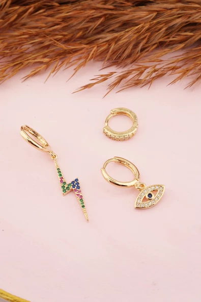 Kadın Kararmaz  Altın Kaplama Şimşek ve Göz  Figürlü Zirkon 3'lü Küpe Set - Resim 3
