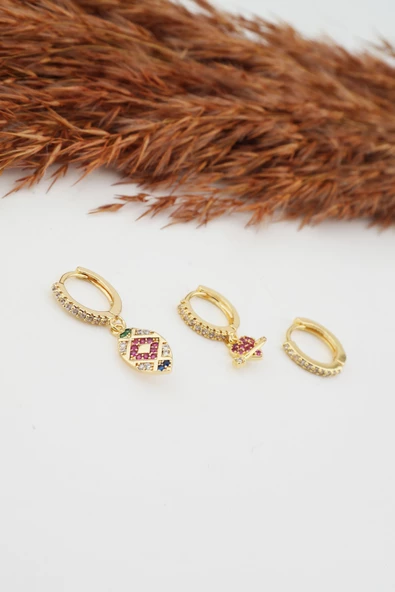 Kadın Kararmaz  Altın Kaplama Vintage 3'lü Zirkon Set Küpe ürün görseli