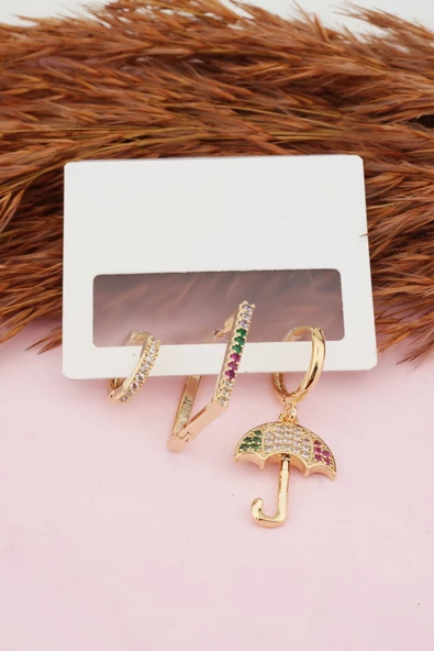 Kadın Kararmaz  Altın Kaplama Şemsiye Figürlü 3'lü  Zirkon Set Küpe ürün görseli