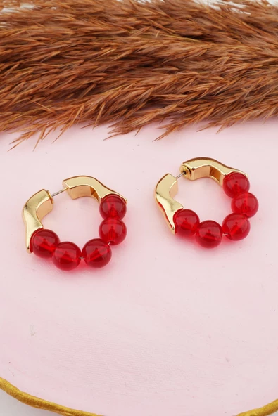 Kadın Kararmaz  Altın Kaplama Boncuk Detaylı Çift küpe - Resim 2