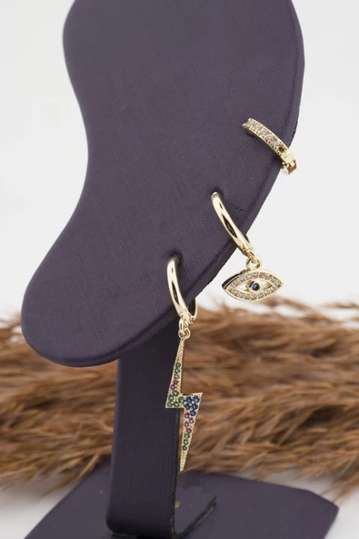 Kadın Kararmaz  Altın Kaplama Şimşek ve Göz  Figürlü Zirkon 3'lü Küpe Set - Resim 2