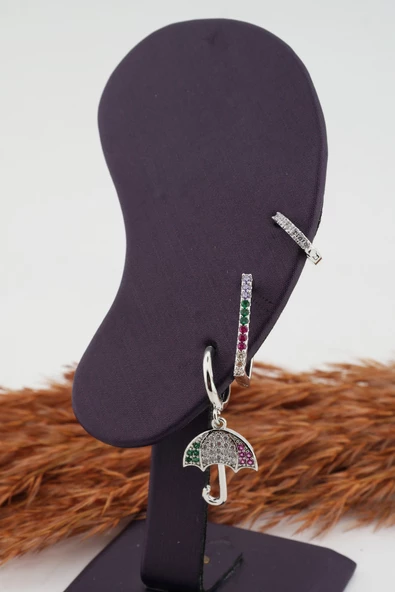 Kadın Kararmaz  Altın Kaplama Şemsiye Figürlü 3'lü  Zirkon Set Küpe - Resim 2