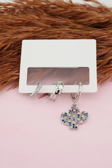 Kadın Kararmaz  Altın Kaplama Kaktüs Figürlü 3'lü  Zirkon Set Küpe ürün görseli