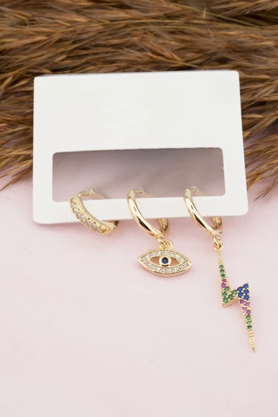 Kadın Kararmaz  Altın Kaplama Şimşek ve Göz  Figürlü Zirkon 3'lü Küpe Set ürün görseli