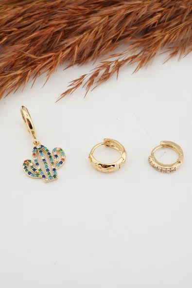 Kadın Kararmaz  Altın Kaplama Kaktüs Figürlü 3'lü  Zirkon Set Küpe - Resim 3