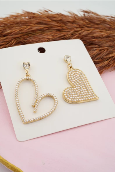 Kadın Kararmaz  Altın Kaplama Özel Tasarım Beyaz İnci  Detaylı Kalp Küpe - Resim 2