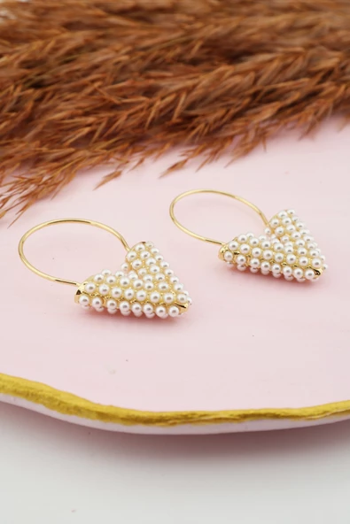 Kadın Kararmaz  Altın Kaplama Özel Tasarım İnci Detaylı Küpe - Resim 2