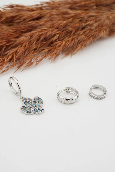 Kadın Kararmaz  Altın Kaplama Kaktüs Figürlü 3'lü  Zirkon Set Küpe - Resim 2