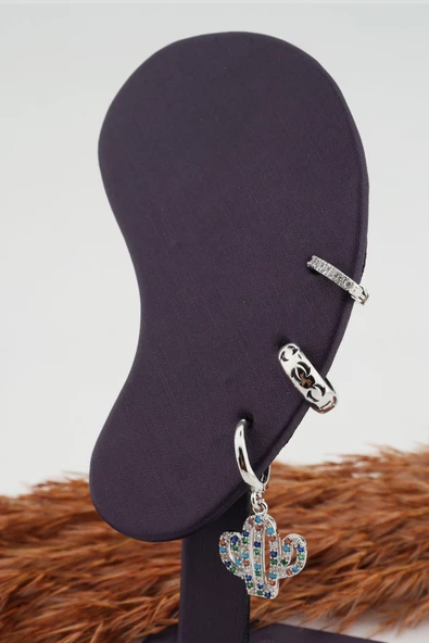 Kadın Kararmaz  Altın Kaplama Kaktüs Figürlü 3'lü  Zirkon Set Küpe - Resim 3