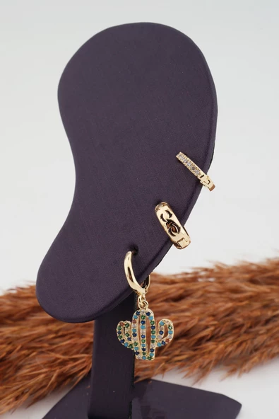 Kadın Kararmaz  Altın Kaplama Kaktüs Figürlü 3'lü  Zirkon Set Küpe - Resim 2