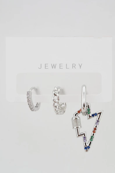 Kadın Altın Kaplama Kararmaz Şimşek Figürlü  3'lü Zirkon Set Küpe - Resim 2