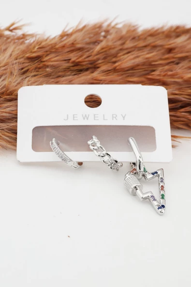 Kadın Altın Kaplama Kararmaz Şimşek Figürlü  3'lü Zirkon Set Küpe ürün görseli