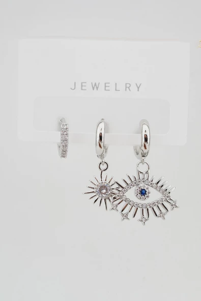 Kadın Altın Kaplama Kararmaz Zirkon Işleme Göz Figürlü 3 Lü Küpe Set - Resim 3