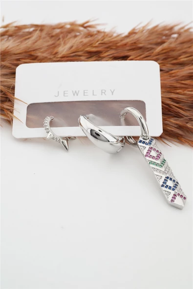 Kadın Altın Kaplama Kararmaz Vintage 3'lü Zirkon Set Küpe - 3