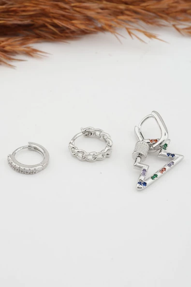 Kadın Altın Kaplama Kararmaz Şimşek Figürlü  3'lü Zirkon Set Küpe - Resim 4