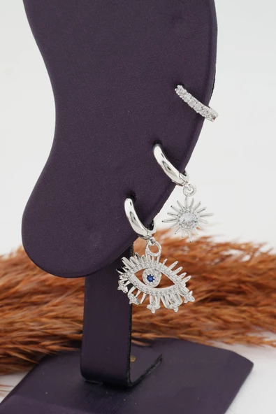 Kadın Altın Kaplama Kararmaz Zirkon Işleme Göz Figürlü 3 Lü Küpe Set - Resim 4