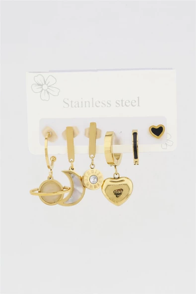 Kadın Kararmaz 6'lı Kalp Figürlü Çelik  Set Küpe - Resim 2