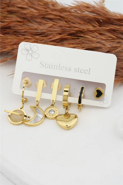 Kadın Kararmaz 6'lı Kalp Figürlü Çelik  Set Küpe ürün görseli