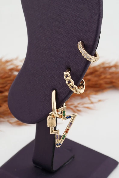 Kadın Altın Kaplama Kararmaz Şimşek Figürlü 3'lü Zirkon Set Küpe - 3