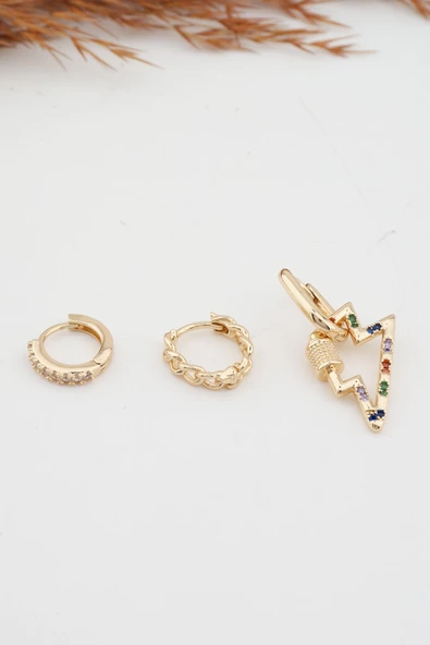 Kadın Altın Kaplama Kararmaz Şimşek Figürlü 3'lü Zirkon Set Küpe - 4