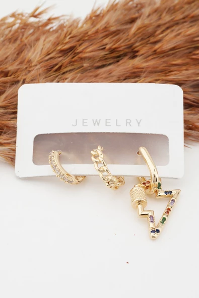 Kadın Altın Kaplama Kararmaz Şimşek Figürlü 3'lü Zirkon Set Küpe