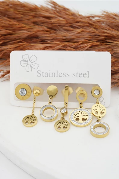 Kadın Kararmaz 6'lı  Hayat Ağacı Detaylı Çelik  Set Küpe ürün görseli