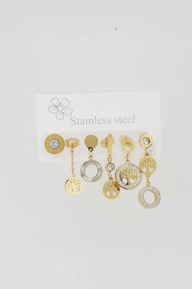 Kadın Kararmaz 6'lı  Hayat Ağacı Detaylı Çelik  Set Küpe - Resim 2