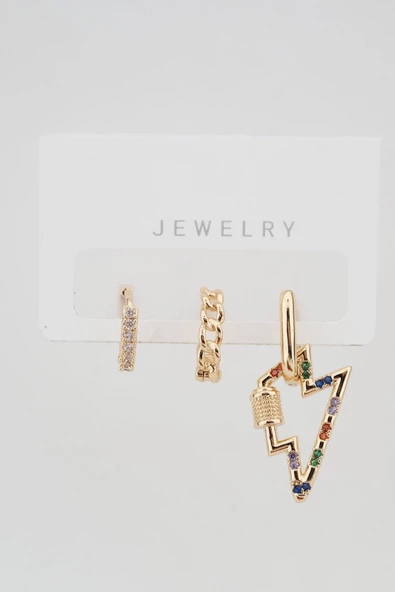 Kadın Altın Kaplama Kararmaz Şimşek Figürlü 3'lü Zirkon Set Küpe - 2