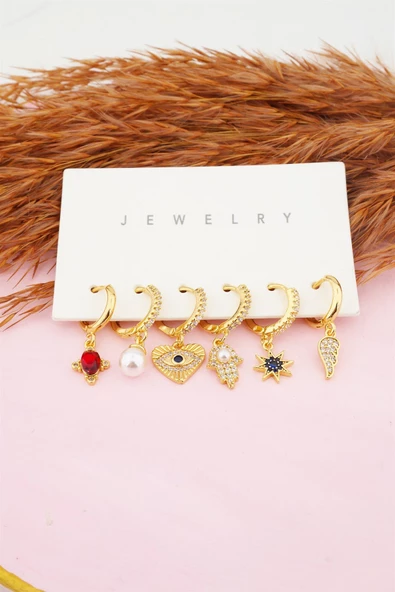 Kadın Altın Kaplama Kararmaz Zirkon Taşlı İnci ve Kalp Detaylı 6'lı Küpe Set - Resim 2