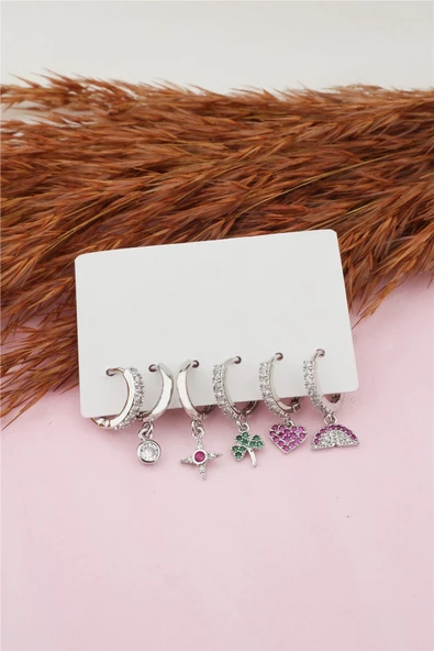 Kadın Altın Kaplama Kararmaz Zirkon Taşlı Yonca ve Kalp Detaylı 6'lı Küpe Set ürün görseli