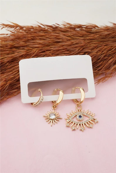 Kadın Altın Kaplama Kararmaz Zirkon İşleme  Göz Figürlü 3 lü Küpe Set - 2