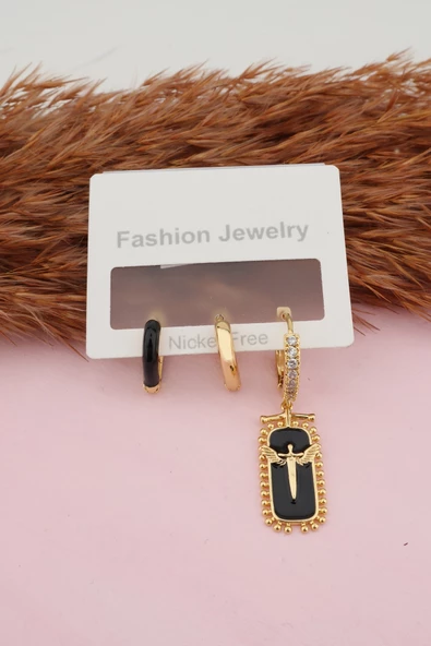 Kadın Kararmaz Mineli Kalp Detaylı Zirkon Küpe Set - 3