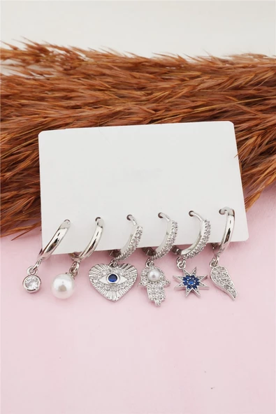 Kadın Altın Kaplama Kararmaz Zirkon Taşlı İnci ve Kalp Detaylı 6'lı Küpe Set ürün görseli